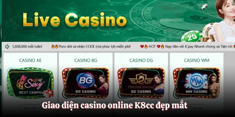Giao diện casino online K8cc đẹp mắt 